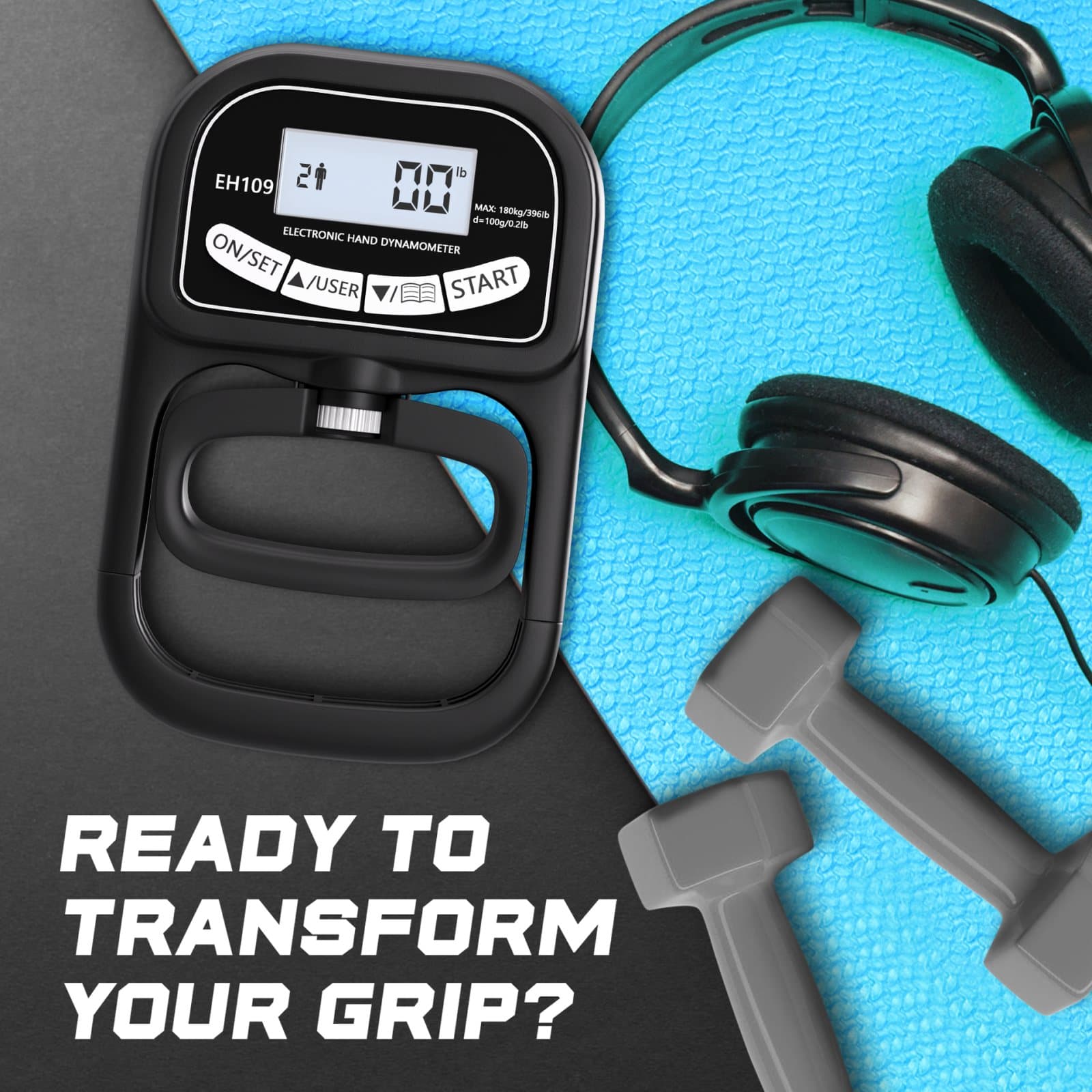 Brannovate dynamometer on a gym mat beside headphones and dumbbells, display reading in pounds